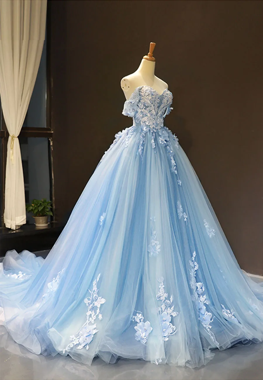 Blue Tulle Long A-Line Prom Dress Off the Shoulder Evening Dress