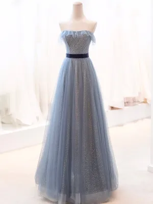 Blue Tulle Long Prom Dress A-Line Strapless Evening Party Dress