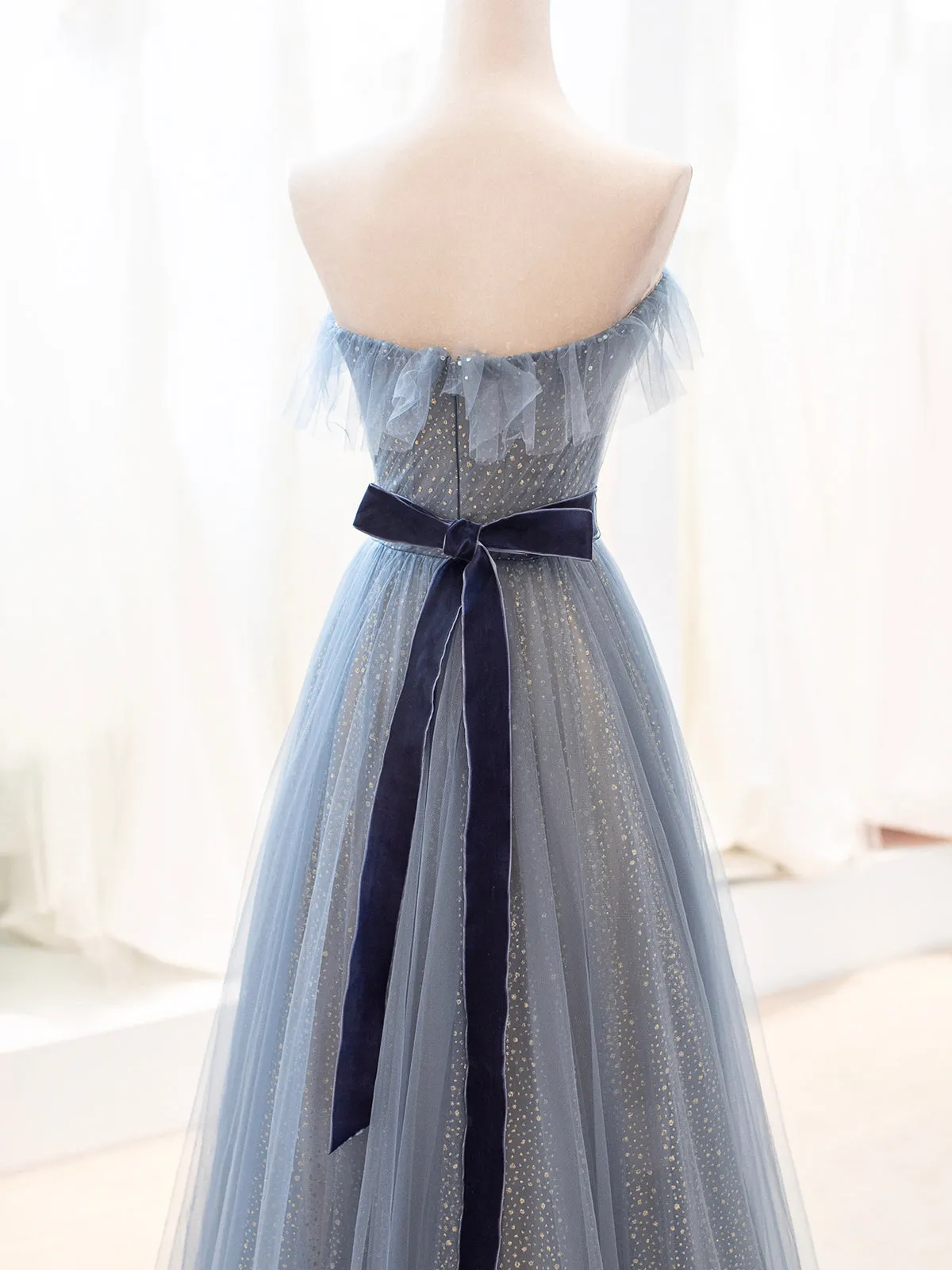 Blue Tulle Long Prom Dress A-Line Strapless Evening Party Dress