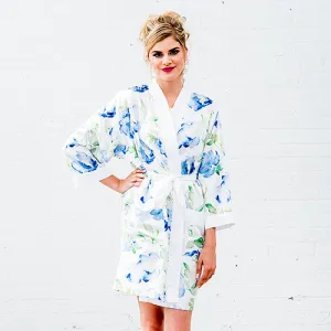 Blue Watercolor Floral Silky Kimono Robe on White Large