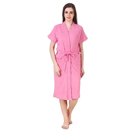 Bombshell Soft Terry Towel Cotton Plain Bathrobe for Women's -Free Size Light Pink