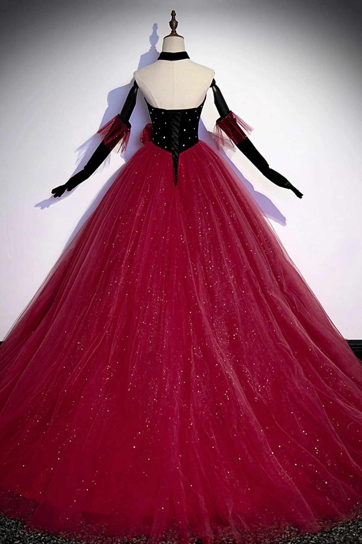 Burgundy Strapless Tulle Long Prom Dress, A-Line Evening Party Dress