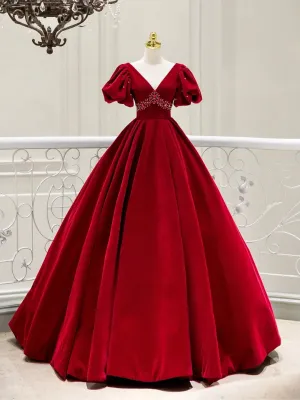 Burgundy Velvet V-Neck Long Formal Dress A-Line Short Sleeve Evening Party Dress