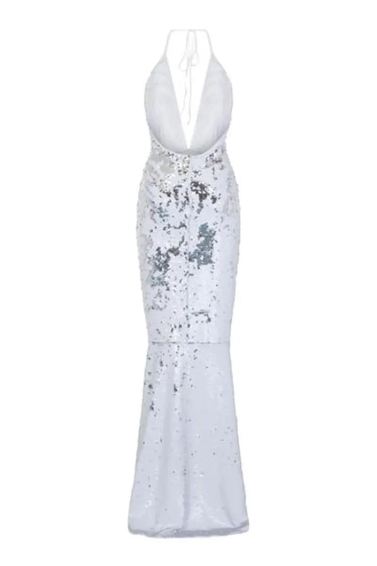 Cosmo White Silver Reversible Sequin Plunge Mermaid Fishtail Dress