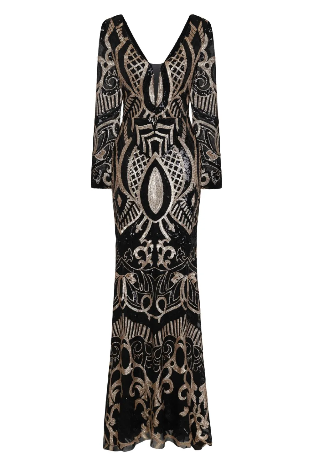 Crown Black Gold Vip Luxe Illusion Sequin Embellished Fishtail Dress