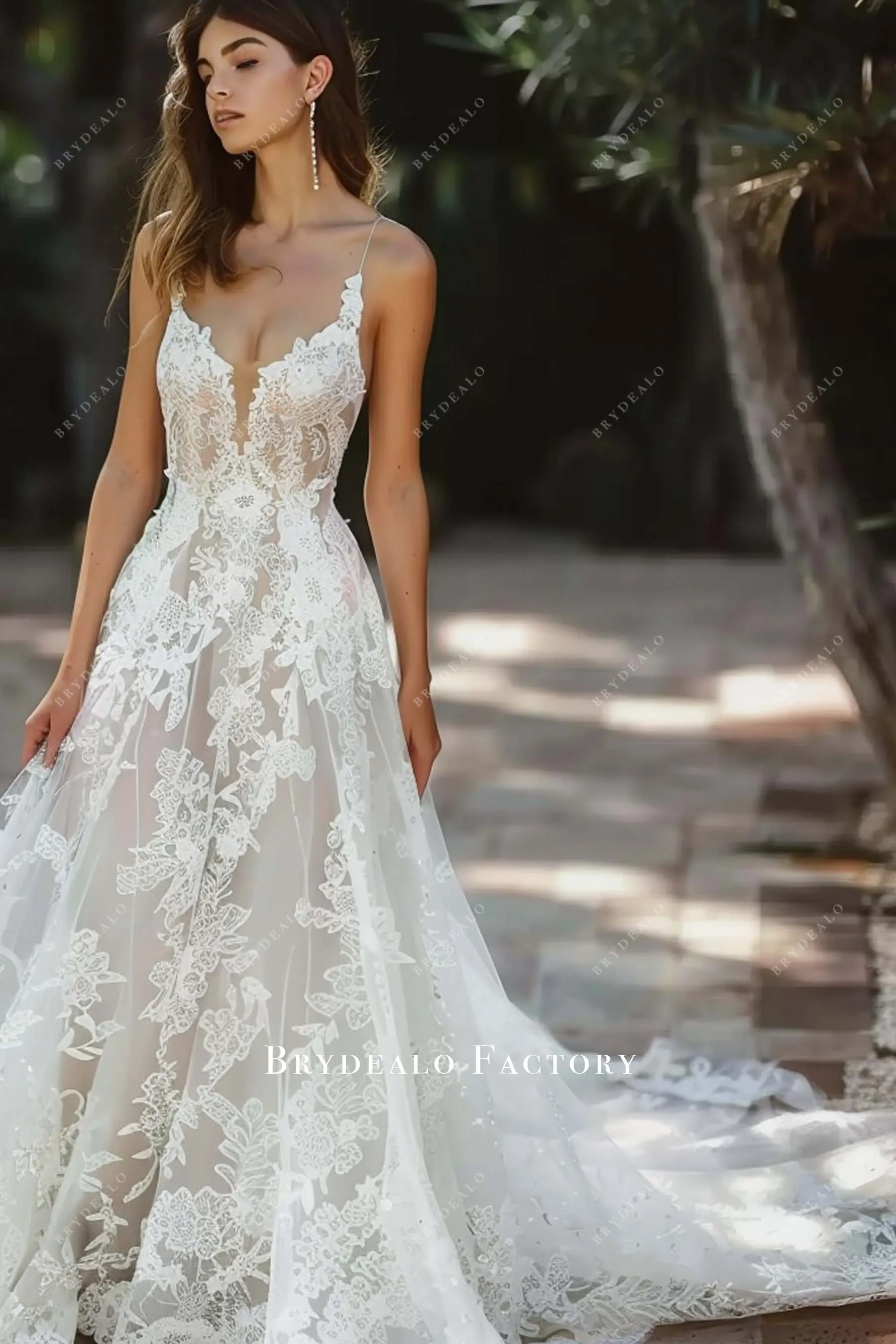 Custom Lace Sleeveless Plunging Spring Wedding Dress