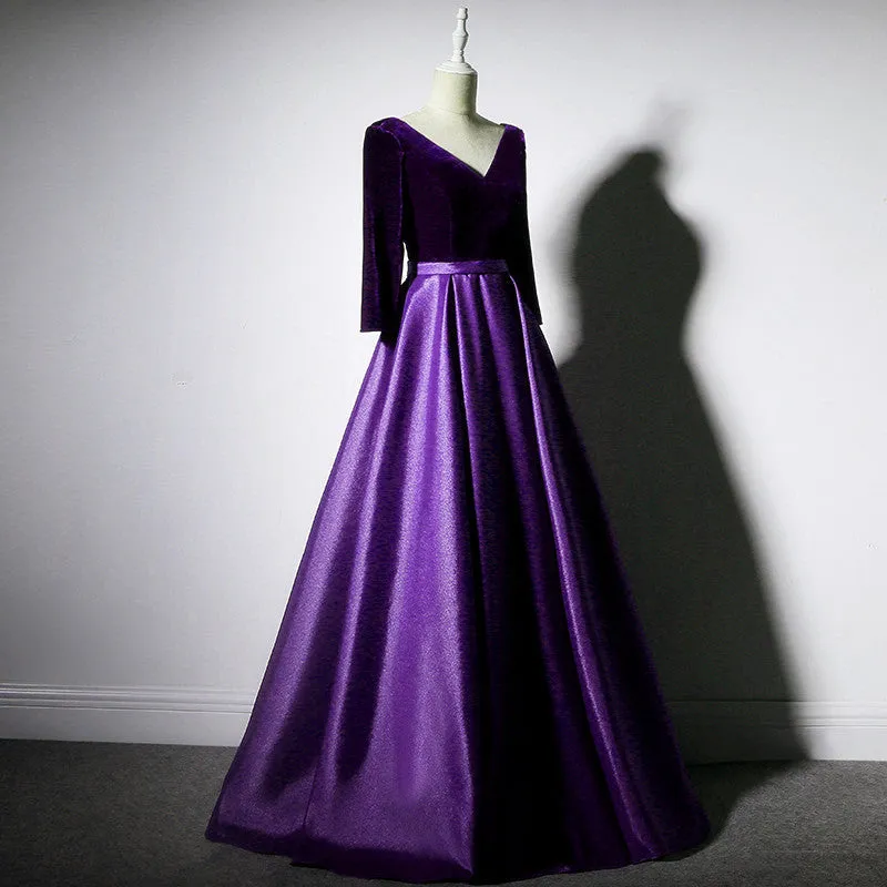 Dark Purple Long Sleeves V-neckline Velvet and satin Long Party Dress, Long Evening Dress Prom Dress