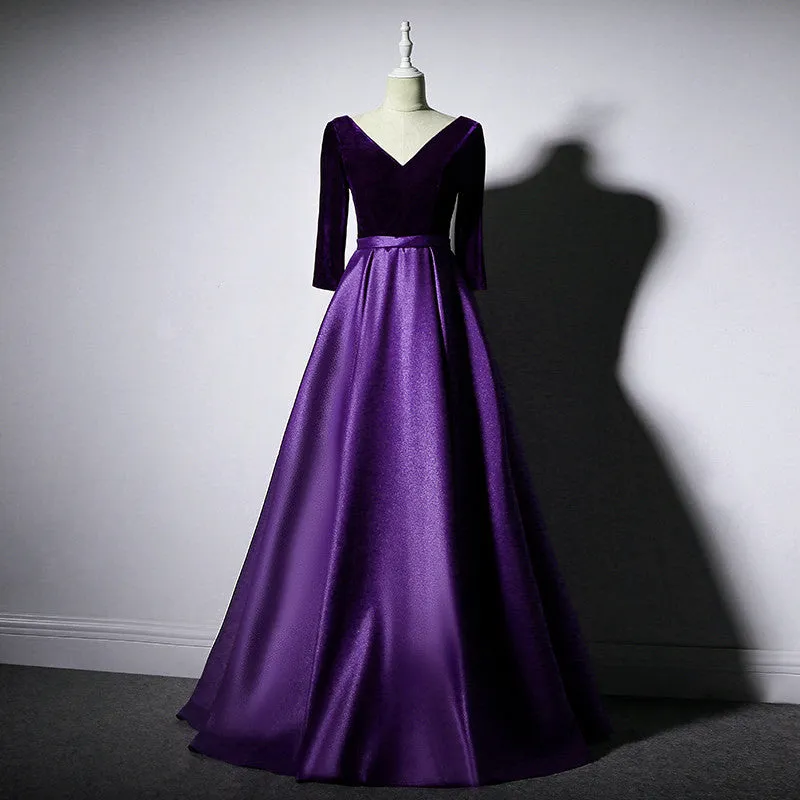 Dark Purple Long Sleeves V-neckline Velvet and satin Long Party Dress, Long Evening Dress Prom Dress