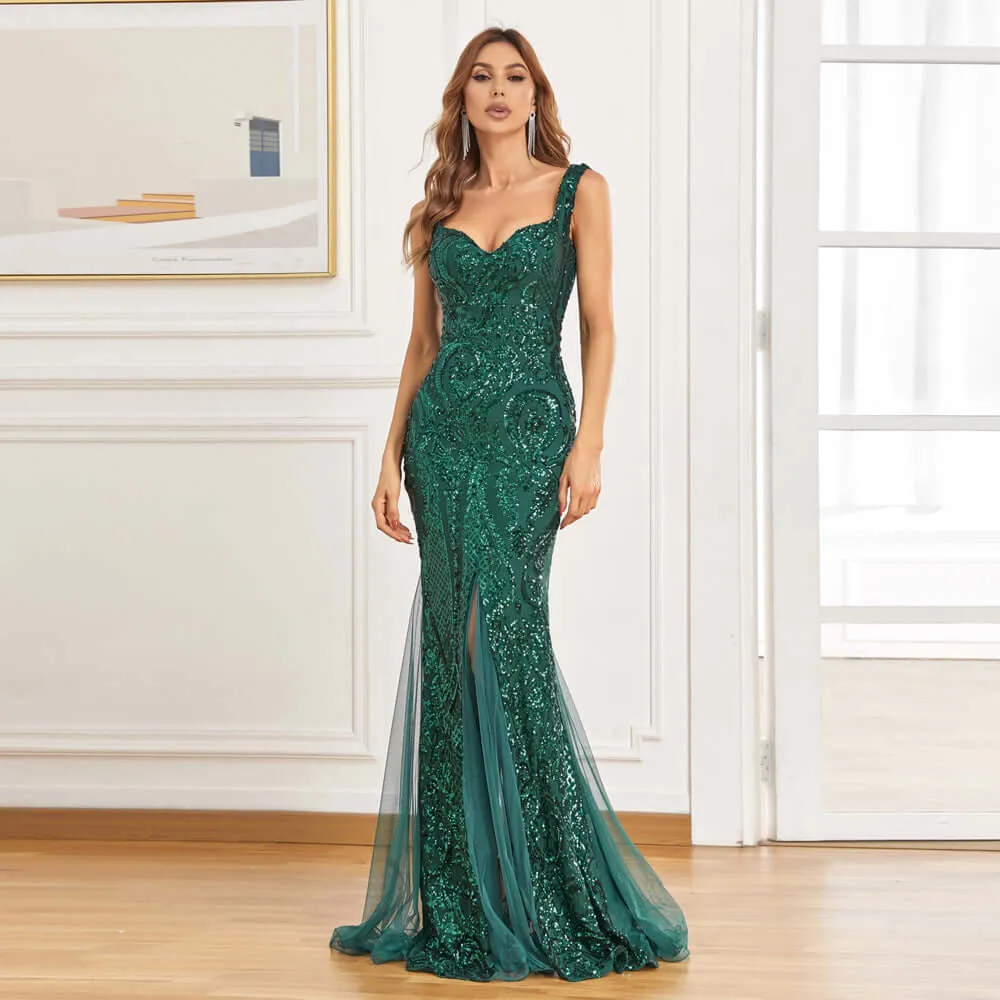 Foreign trade dress new green fishtail long summer dress sequins suspender evening dress banquet