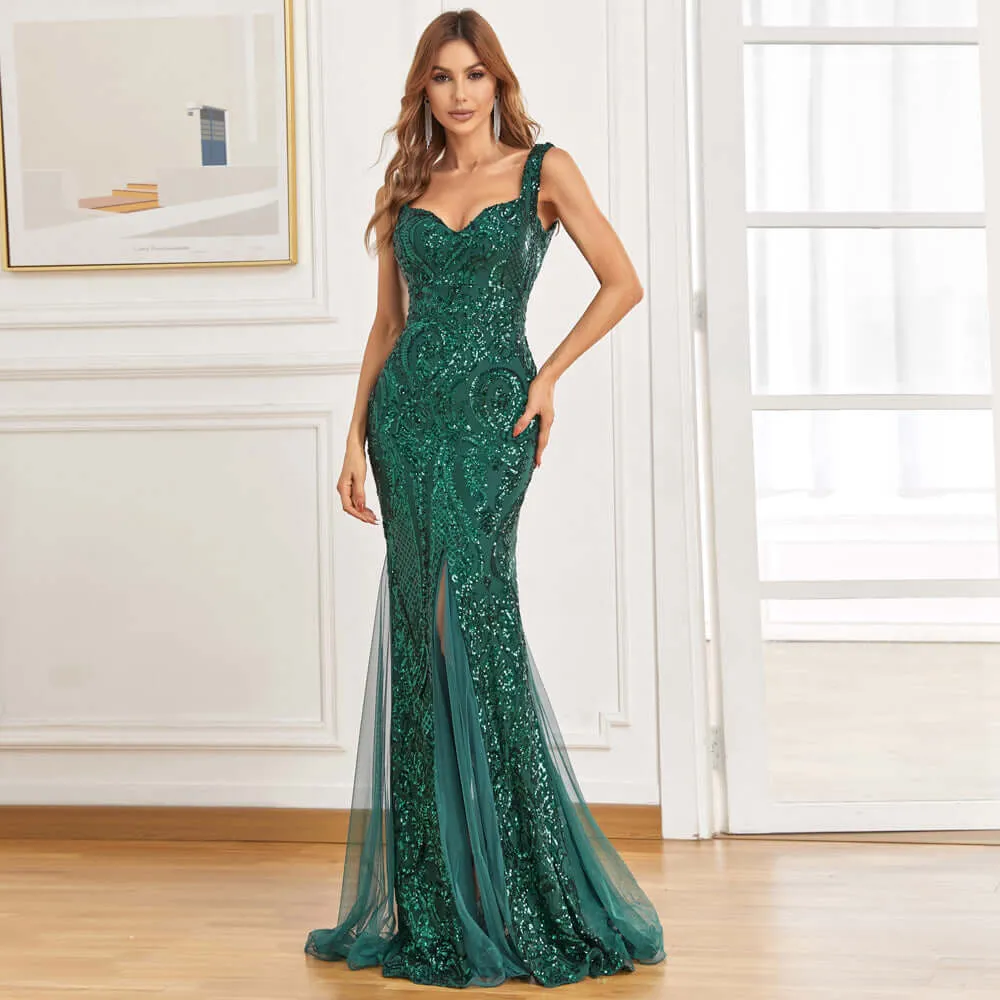 Foreign trade dress new green fishtail long summer dress sequins suspender evening dress banquet