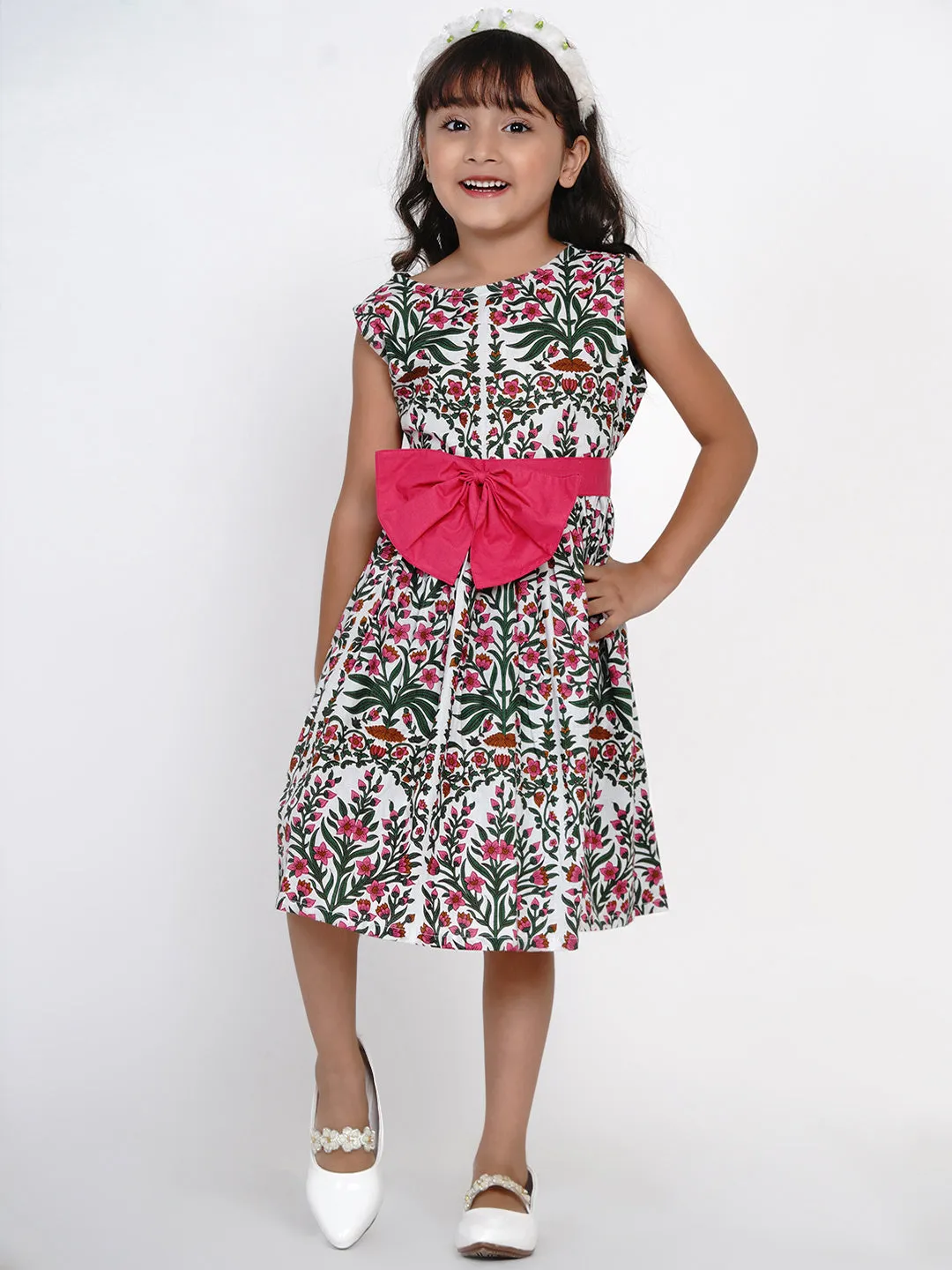 Girls White & Pink Printed Fit And Flare Dress