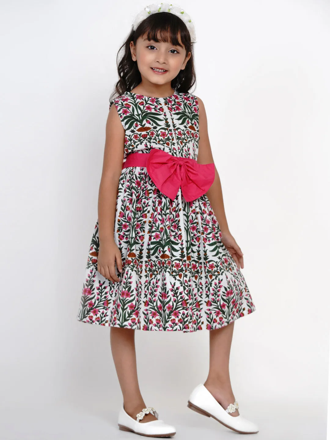 Girls White & Pink Printed Fit And Flare Dress