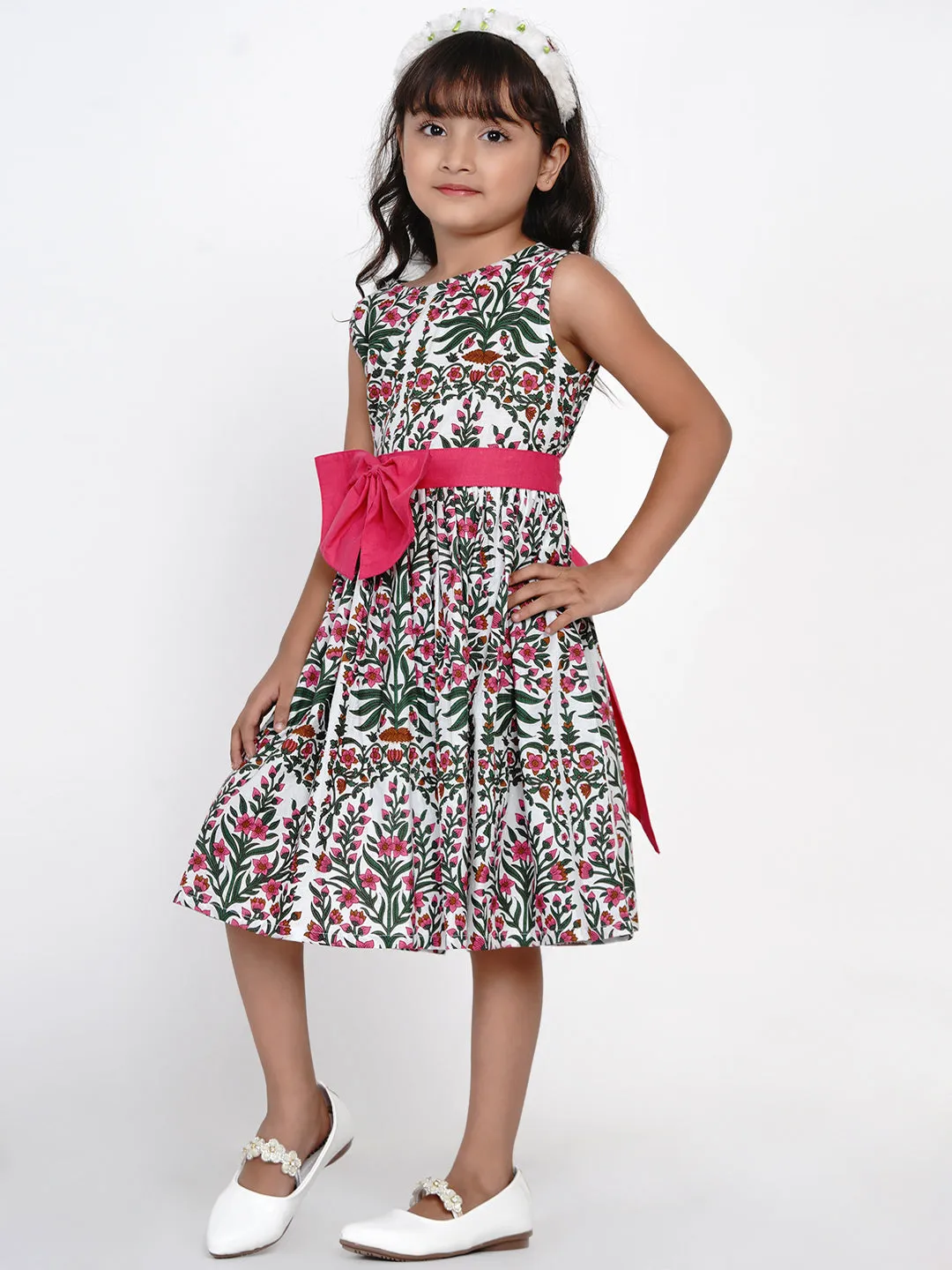 Girls White & Pink Printed Fit And Flare Dress