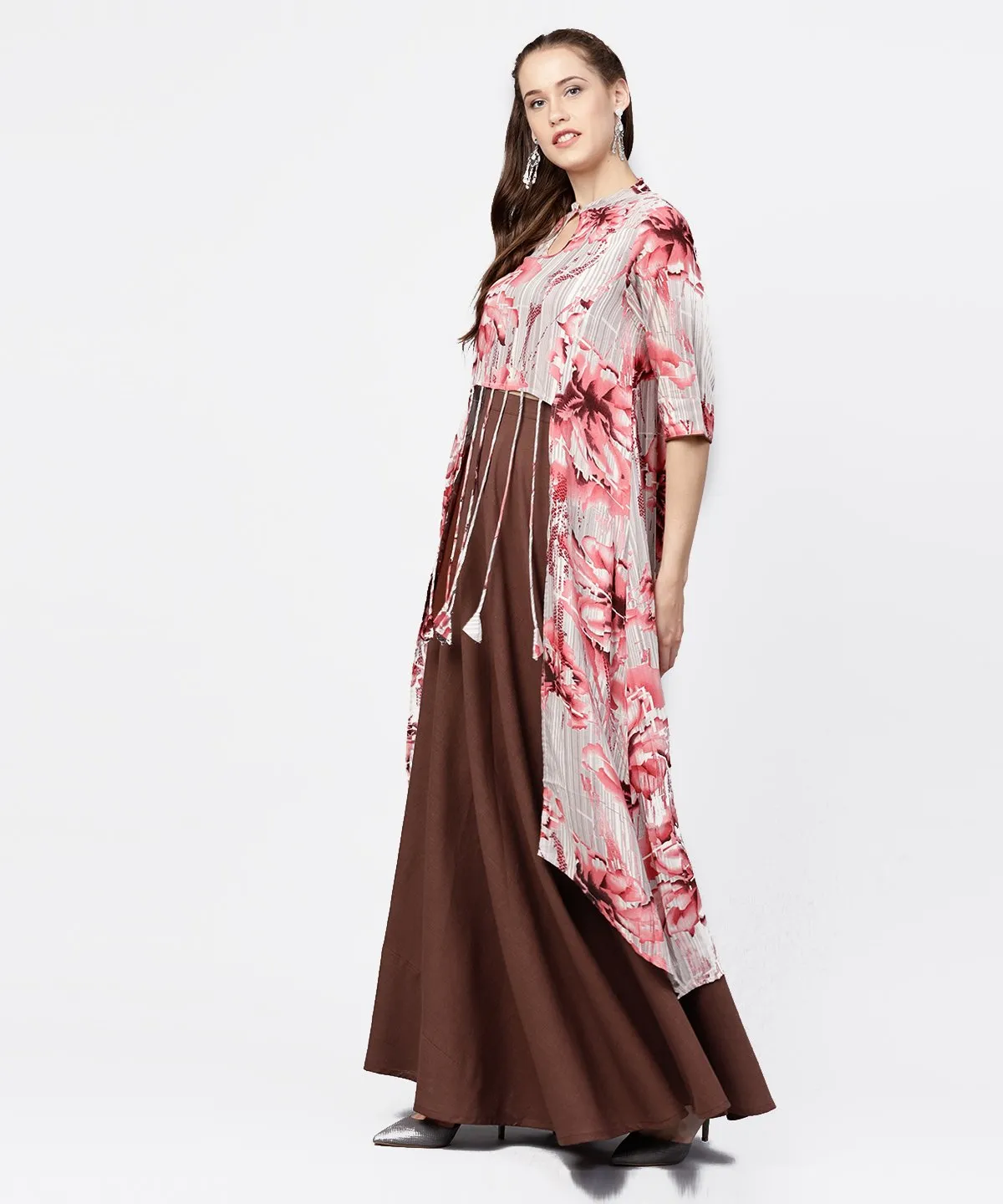 Grey Printed Key Hole 3/4Th Sleeve Front Slit Assymetrical Kurta With Solid Brown Skirt