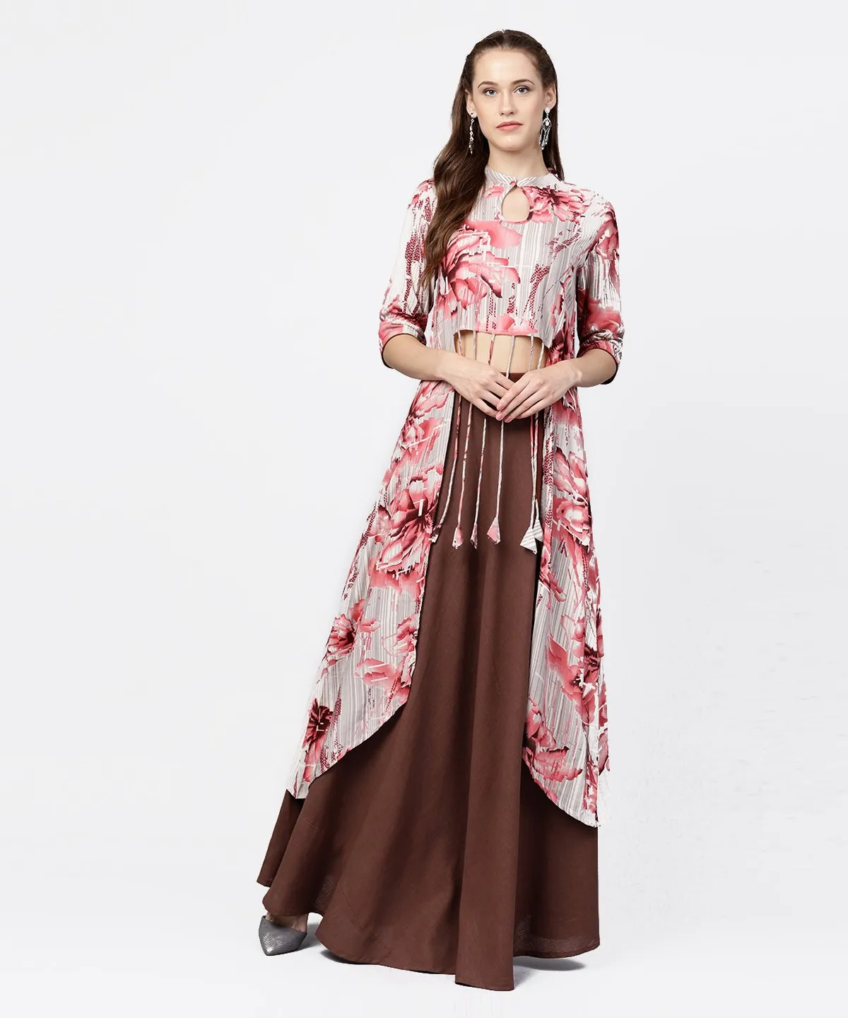 Grey Printed Key Hole 3/4Th Sleeve Front Slit Assymetrical Kurta With Solid Brown Skirt