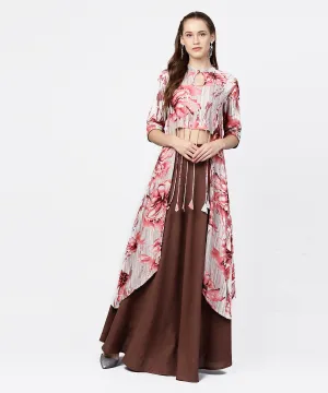 Grey Printed Key Hole 3/4Th Sleeve Front Slit Assymetrical Kurta With Solid Brown Skirt