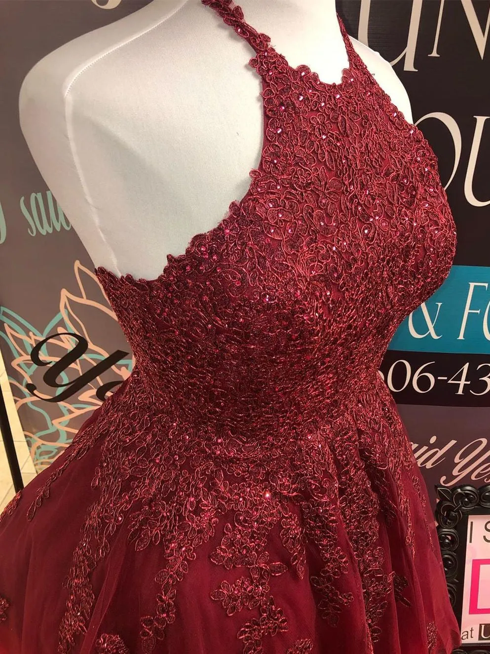 Halter Neck Backless Short Burgundy Lace Prom, Burgundy Lace Formal Graduation Homecoming