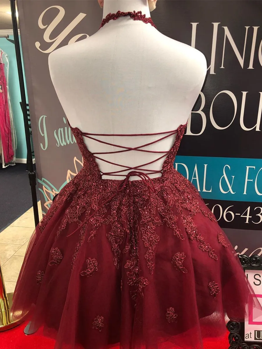 Halter Neck Backless Short Burgundy Lace Prom, Burgundy Lace Formal Graduation Homecoming