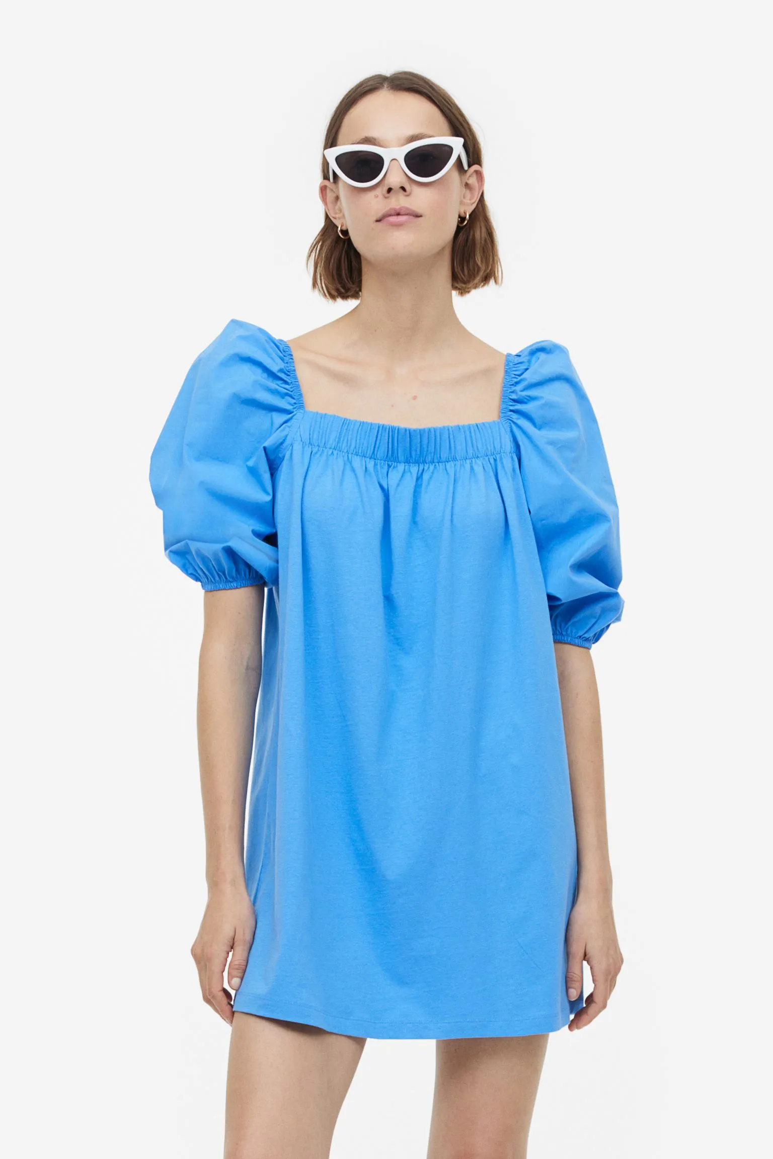 H&M Puff-sleeved Cotton dress, blue