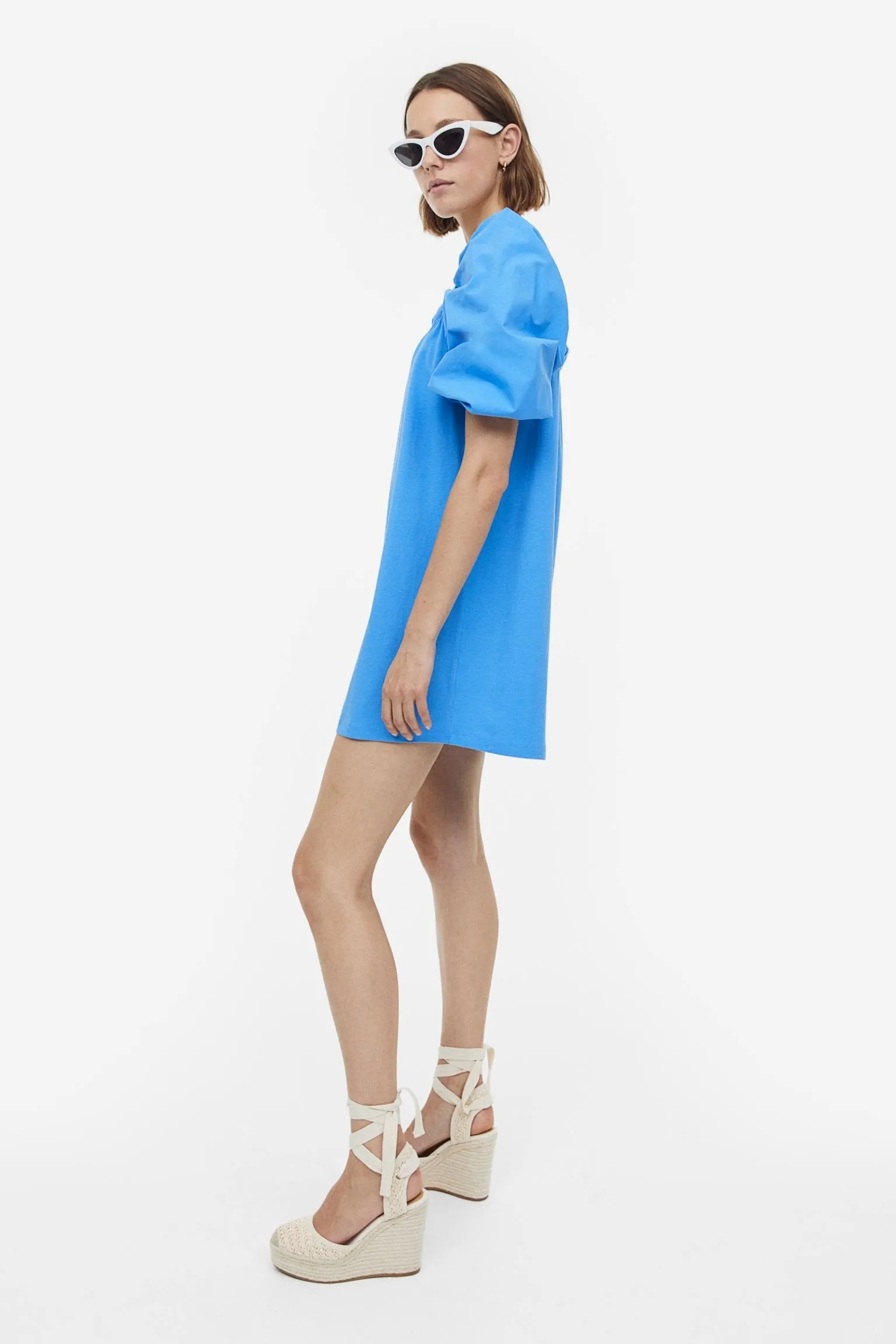 H&M Puff-sleeved Cotton dress, blue