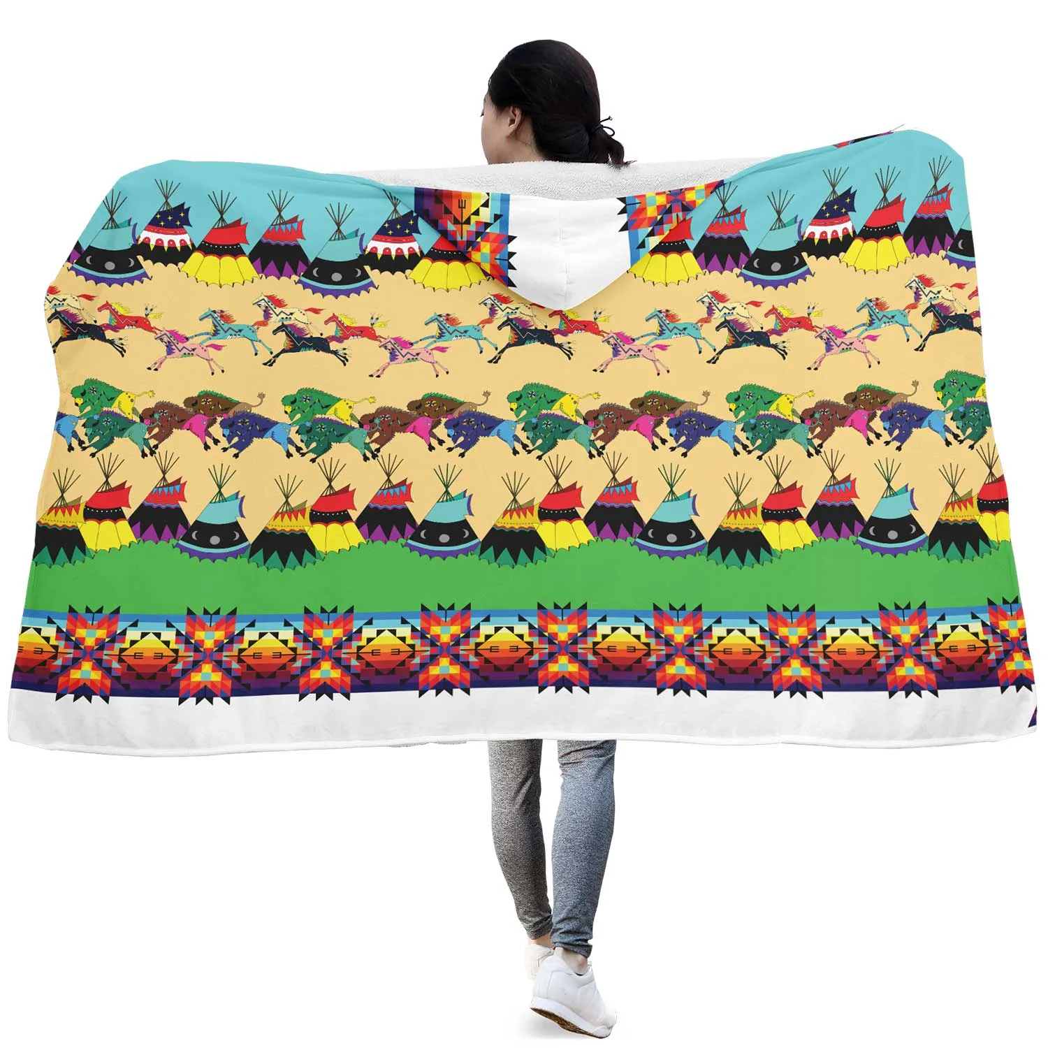 Horses and Buffalo Ledger White Hooded Blanket