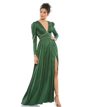 Ieena Women's Satin Puff Shoulder Dress with Rhinestone Encrusted Mac Duggal green