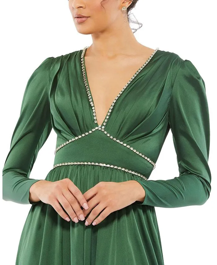 Ieena Women's Satin Puff Shoulder Dress with Rhinestone Encrusted Mac Duggal green