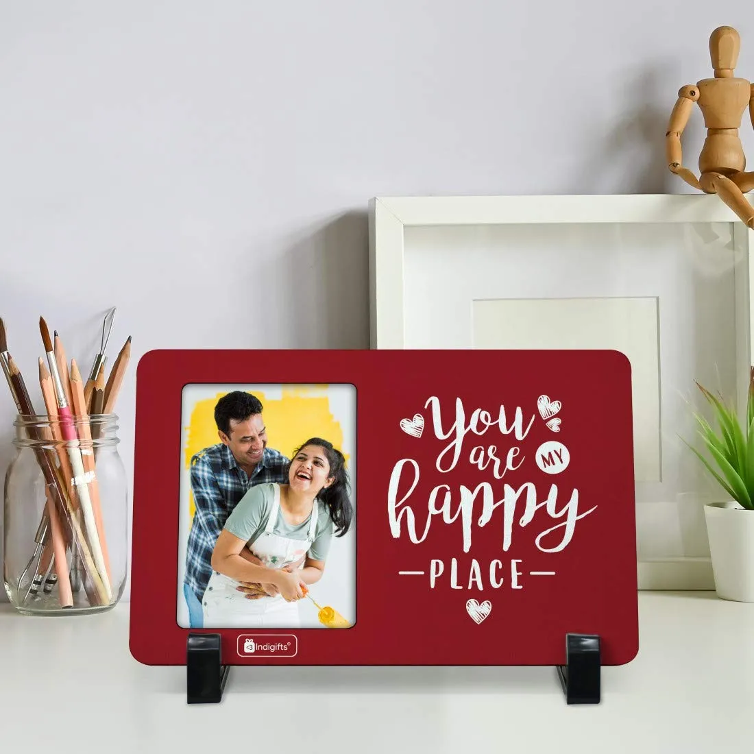 Indigifts Valentine gifts for girlfriend You are My Happy Place Printed Red Table Top Photo Frame - Best Gift for Boyfriend, Surprise Gift for Girlfriend, Gifts for Him Unique