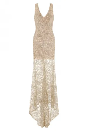 Ivana Gold Plunge Sheer Glimmer Fishtail Dress