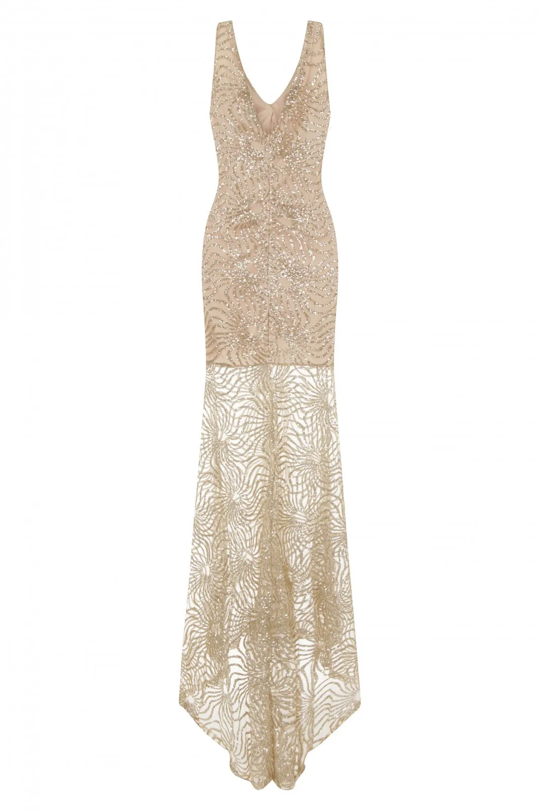 Ivana Gold Plunge Sheer Glimmer Fishtail Dress