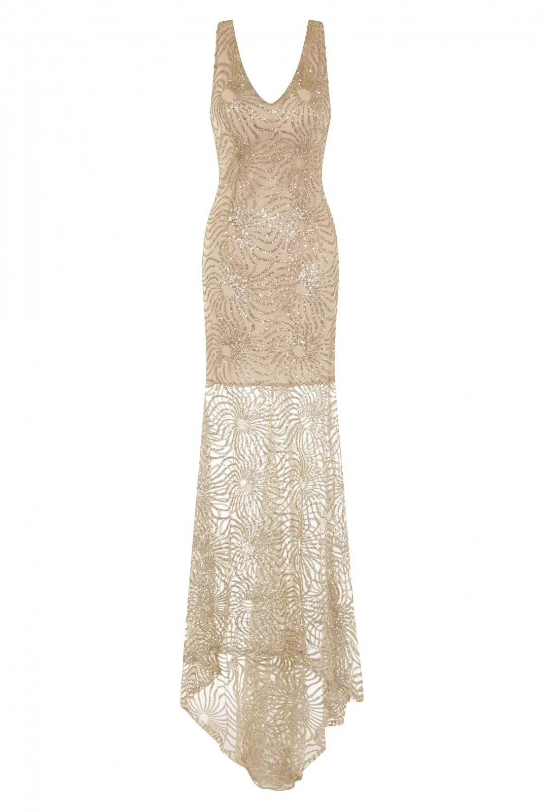 Ivana Gold Plunge Sheer Glimmer Fishtail Dress