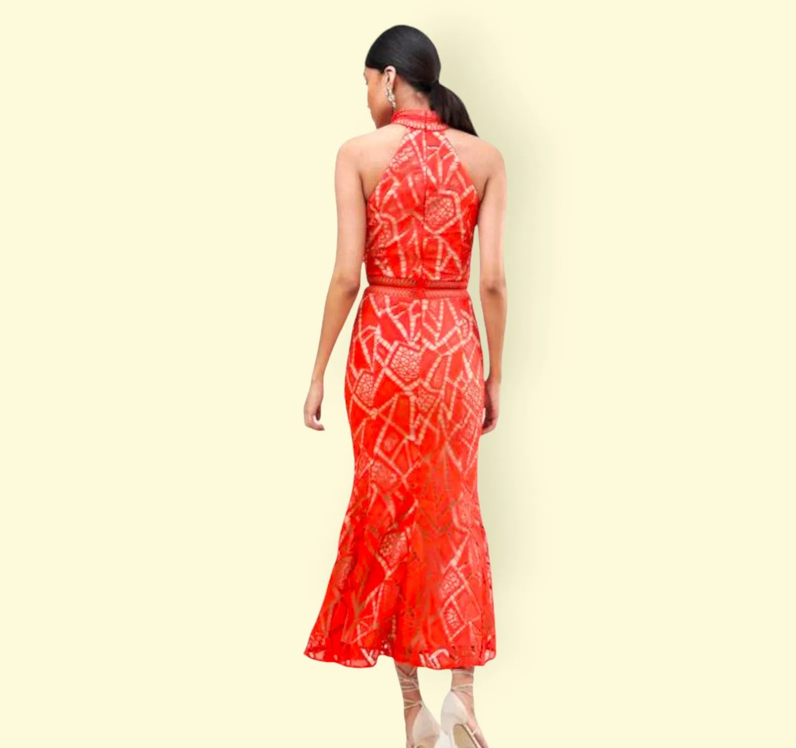 Jarlo Tall Orange Lace High Neck Fishtail Detail Dress UK 6 US 2 EU 34 IT 38