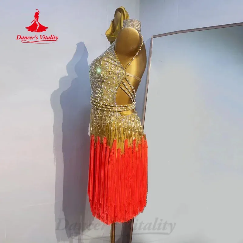 Latin Dance Competition Dresses Customized Exquisite Pearl Full Diamond Tassel Dress Women Tango Rumba Samba Performance Costume