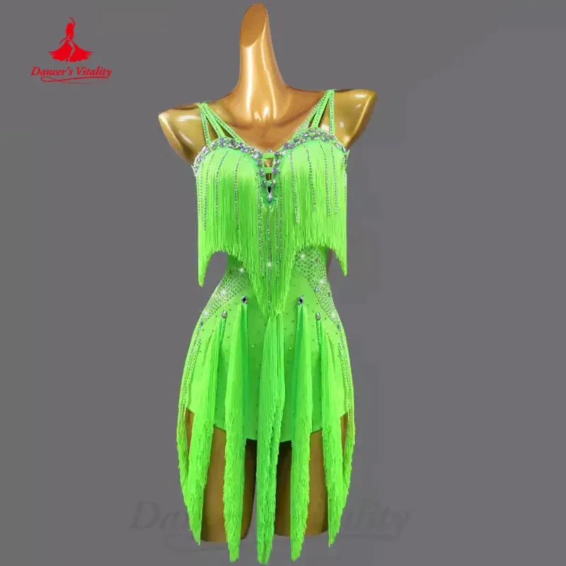 Latin Dance Competition Dresses Customized Luxurious Rhinestone Sexy Backless Tassel Dress Tango Chacha Samba Perform Clothing