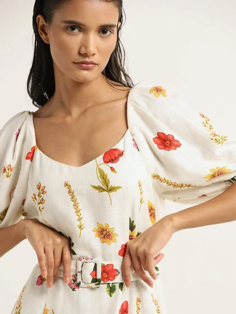 LOV Off-White Floral Blended Linen Dress with Belt