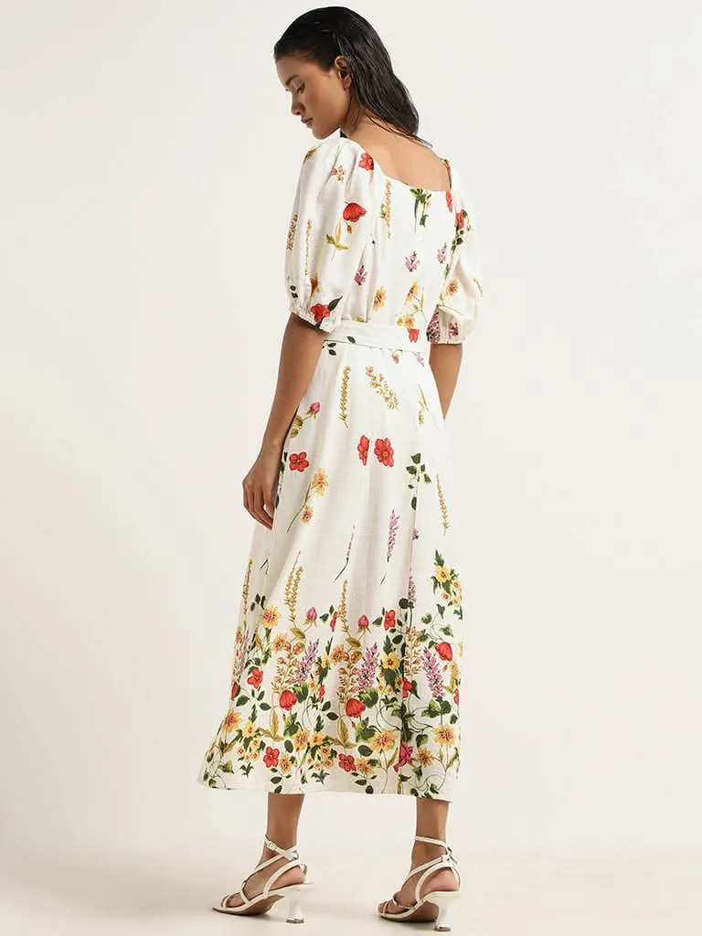 LOV Off-White Floral Blended Linen Dress with Belt