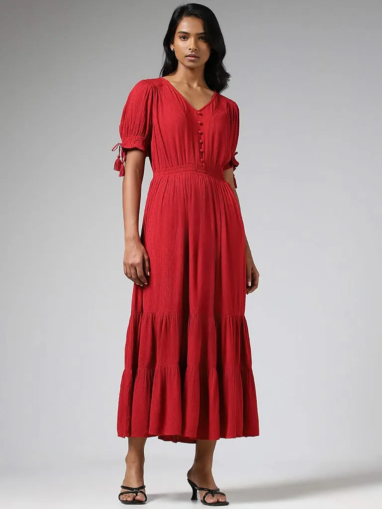 LOV Red Self-Patterned Tiered Dress