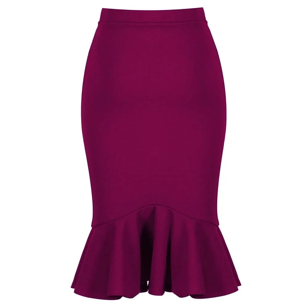 Magenta Peplum Fishtail Stretch Pencil Bodycon Skirt