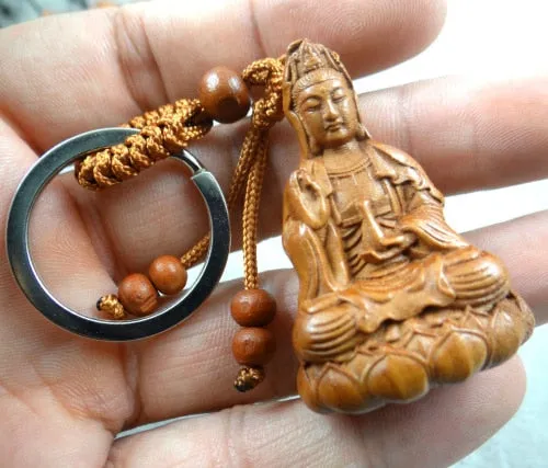 Mahogany Three Dimensional Buddha Statue Keychain Siddhartha Gautama Amulet