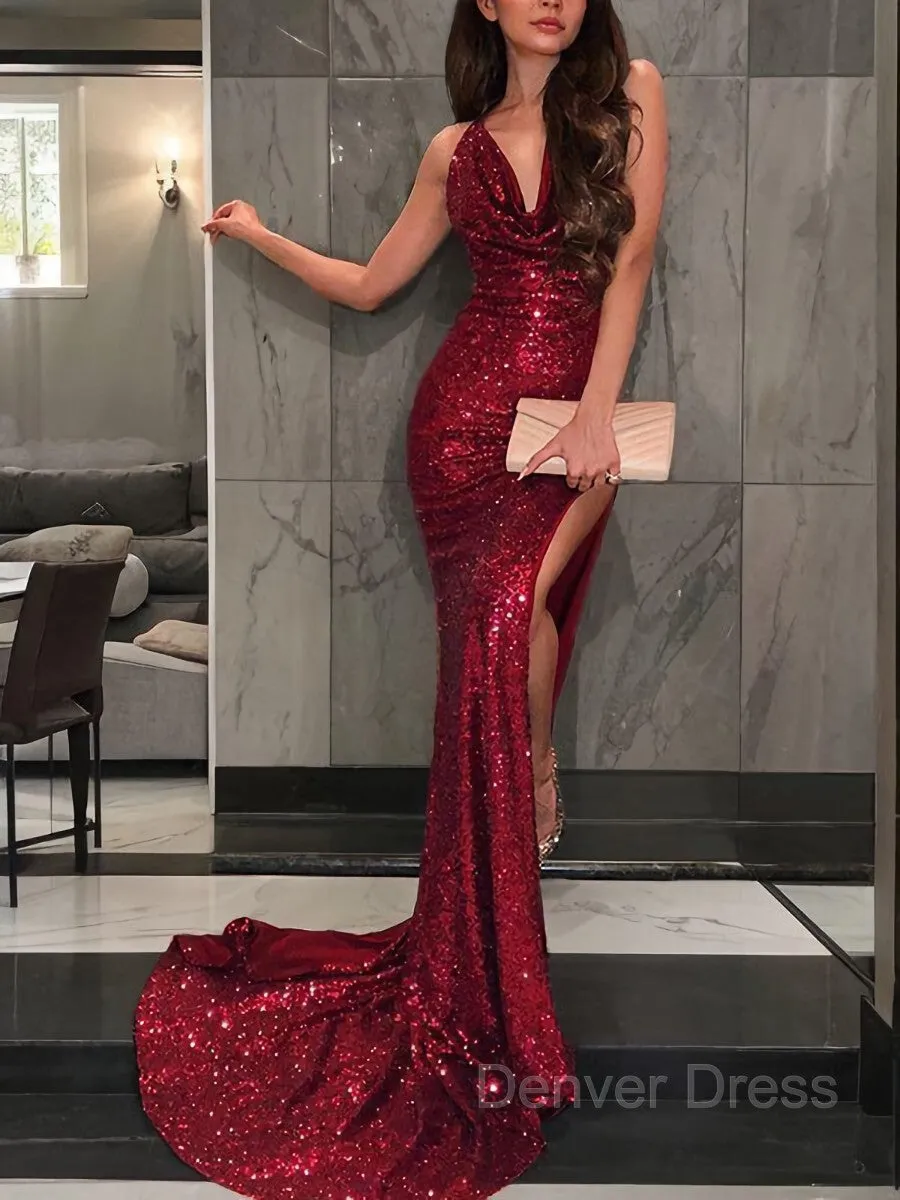 Mermaid V-neck Court Train Sequins Evening Dresses With Leg Slit