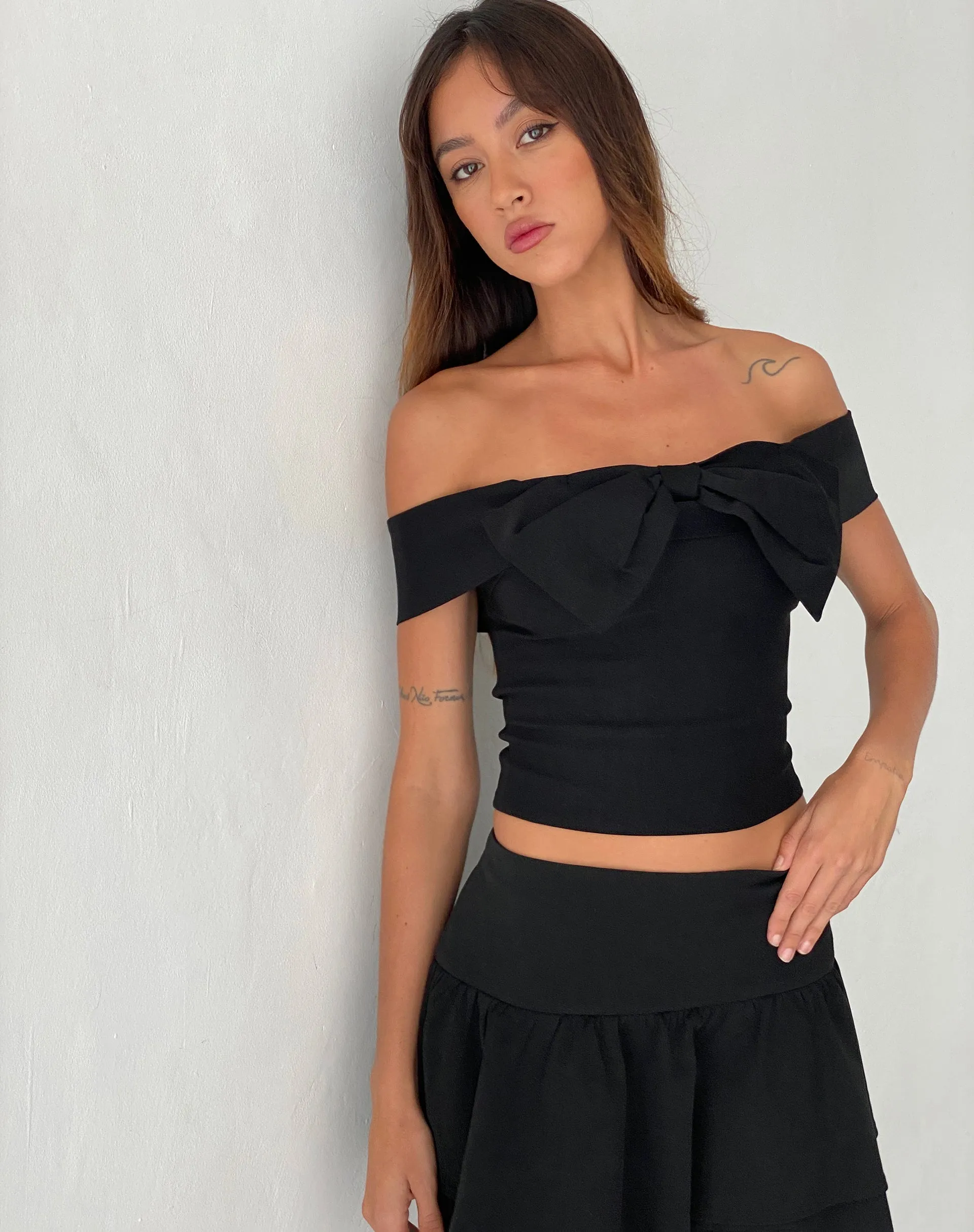 Naras Bow Front Bardot Top in Black Tailoring