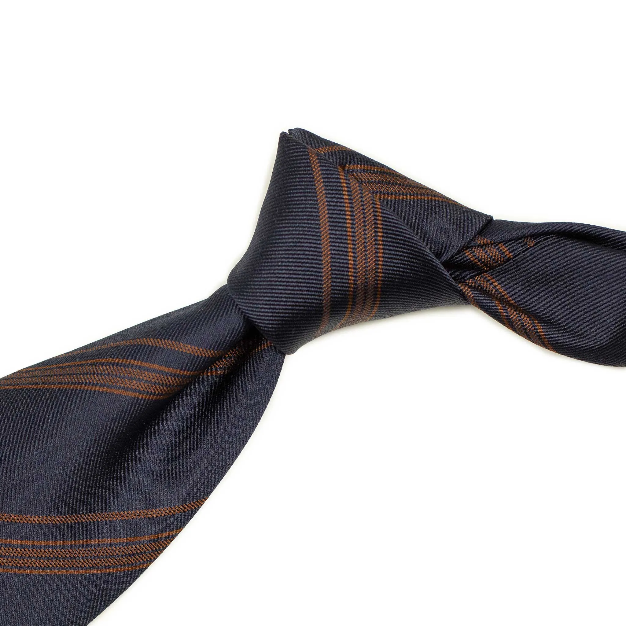 Navy silk twill tie with copper brown jacquard stripes