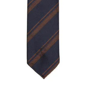 Navy silk twill tie with copper brown jacquard stripes