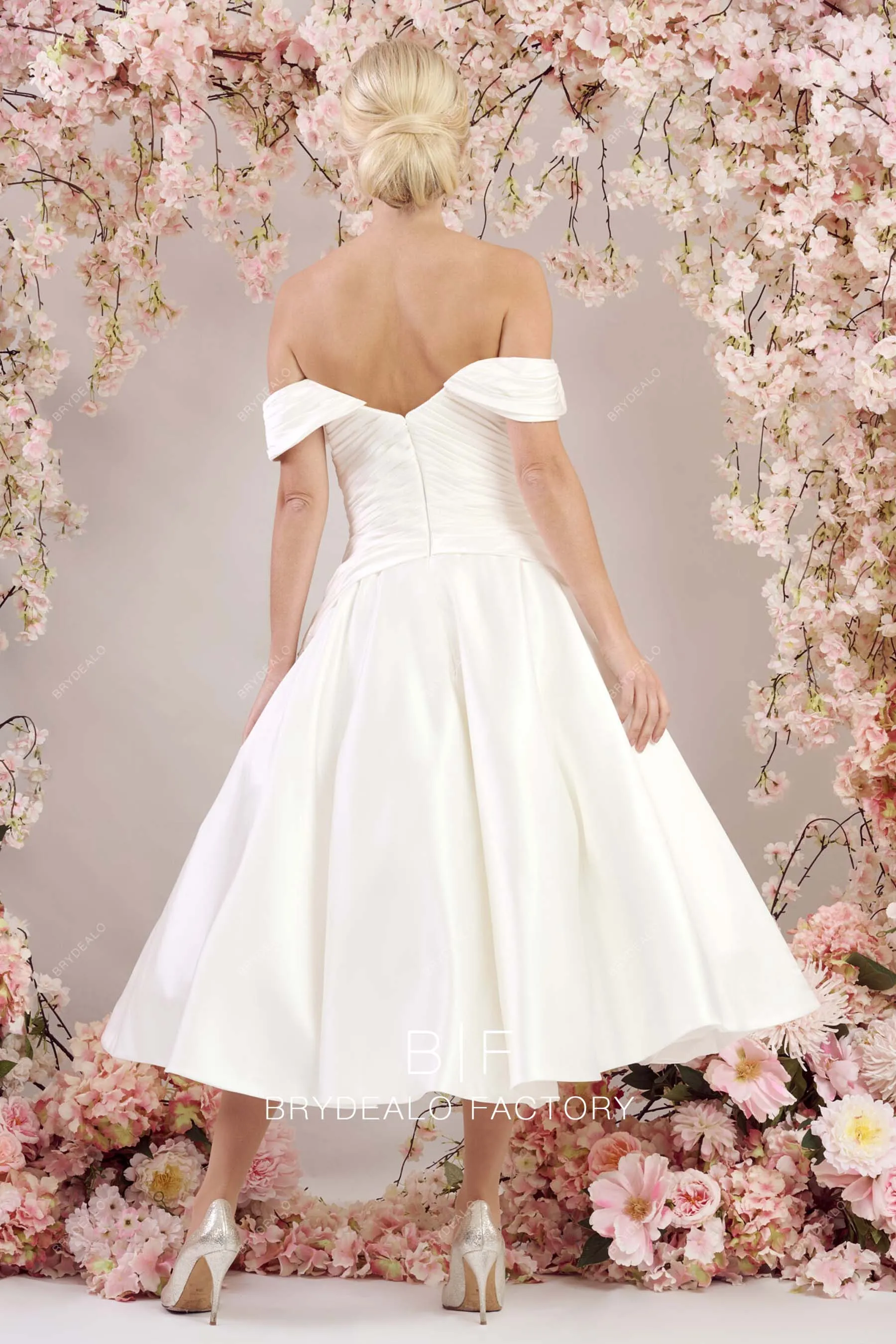 Off Shoulder Satin Refined Tea Length Casual Wedding Dress