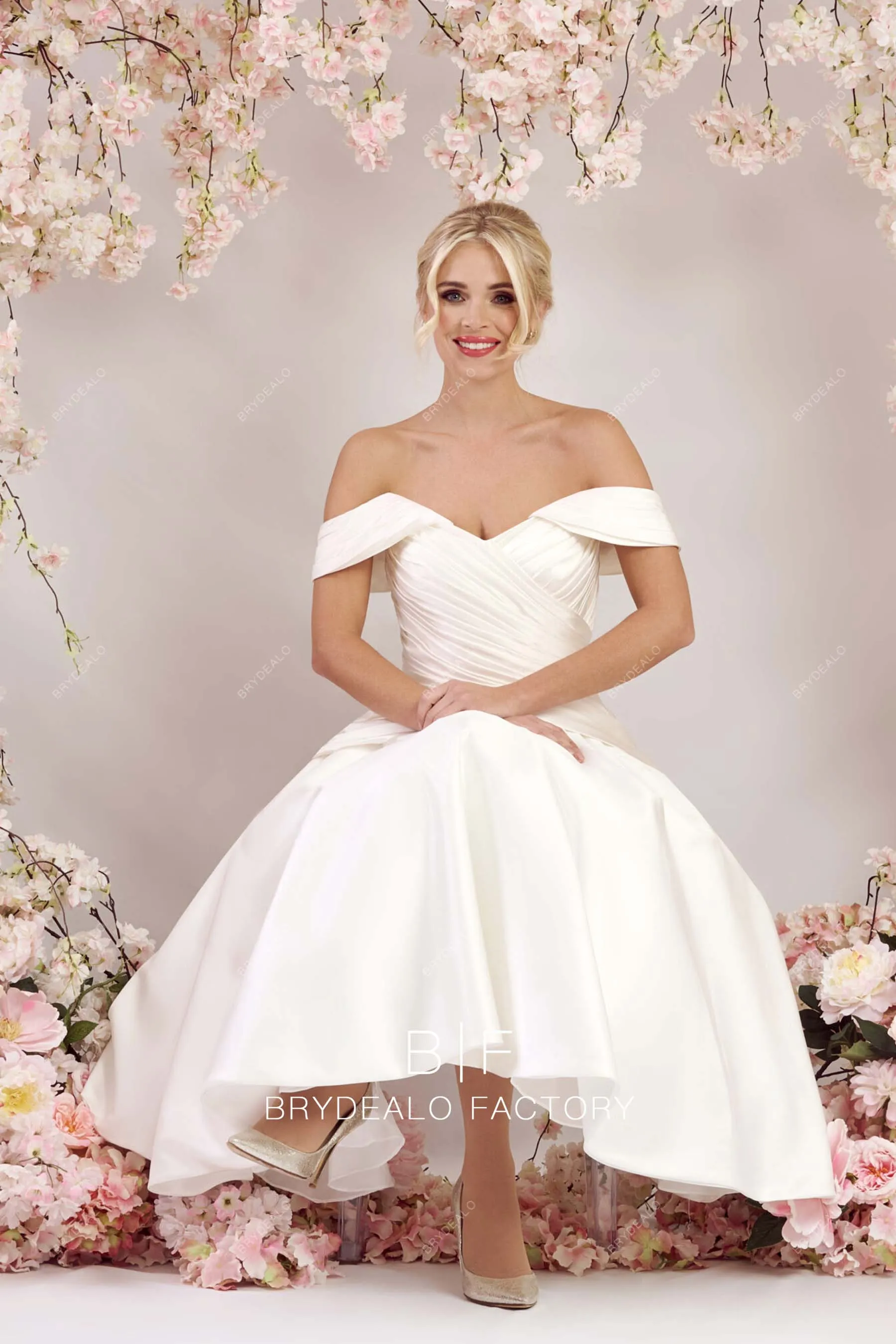 Off Shoulder Satin Refined Tea Length Casual Wedding Dress