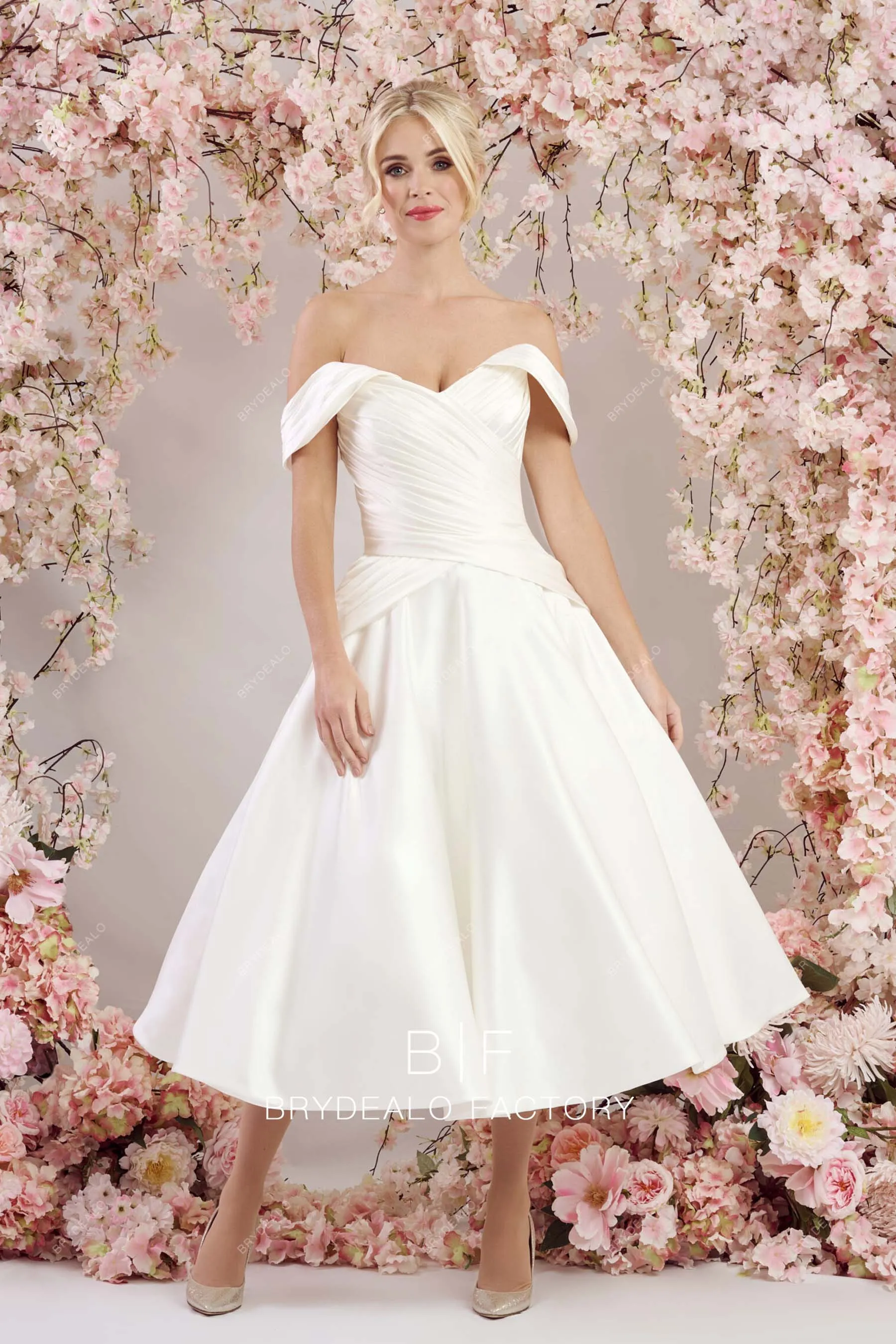 Off Shoulder Satin Refined Tea Length Casual Wedding Dress