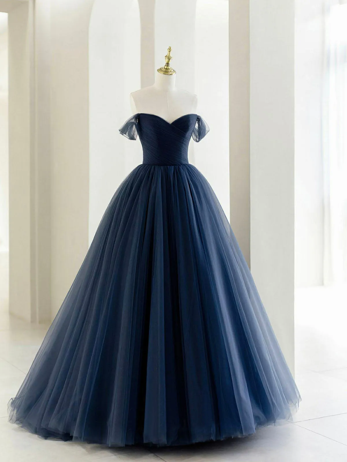 Off the Shoulder Tulle Long Prom Dress A-Line Blue Formal Evening Dress