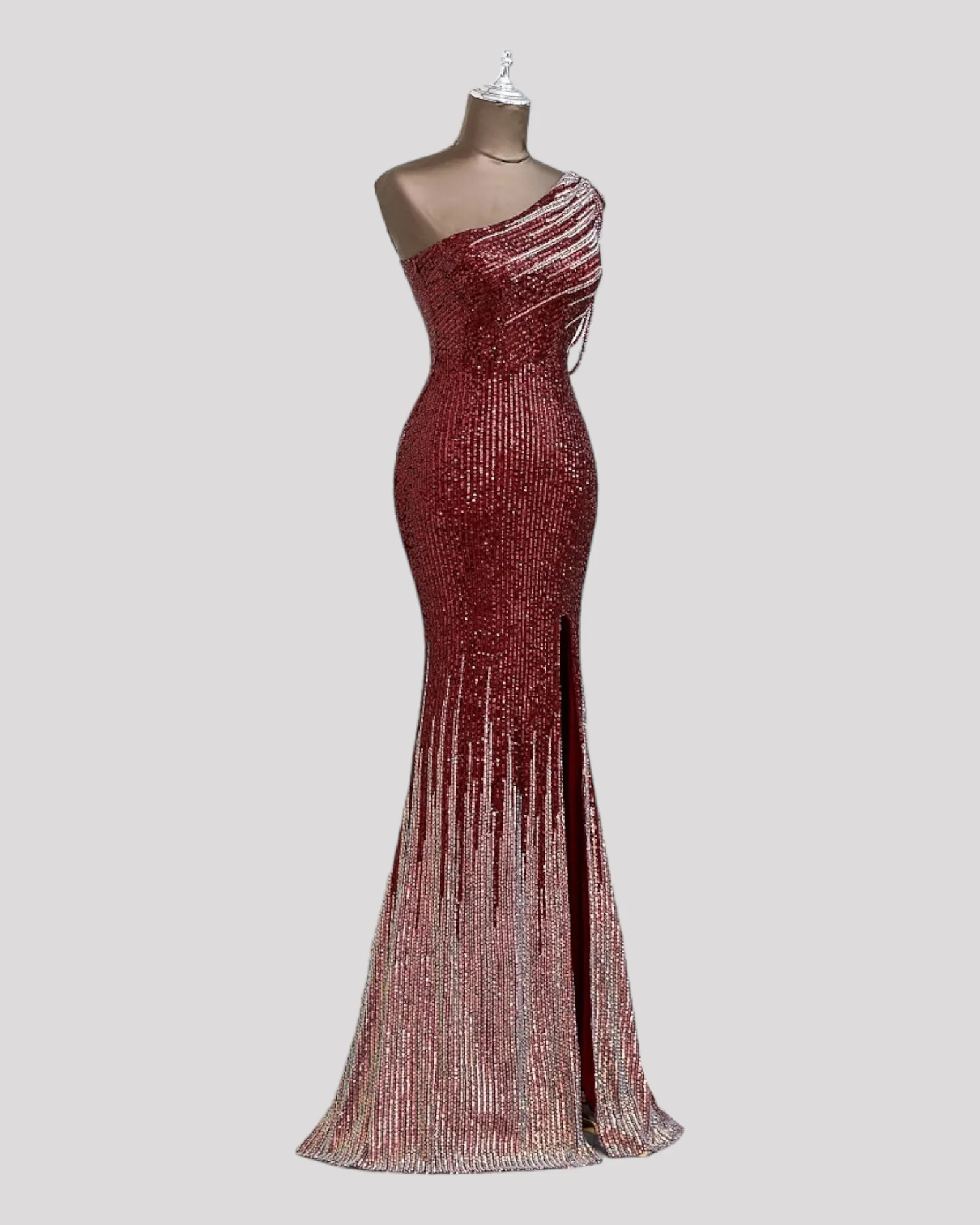 One Shoulder Evening Dress in a 2 Tone Sequin Fabric with Shoulder Beading Draping, Available in 6 colours