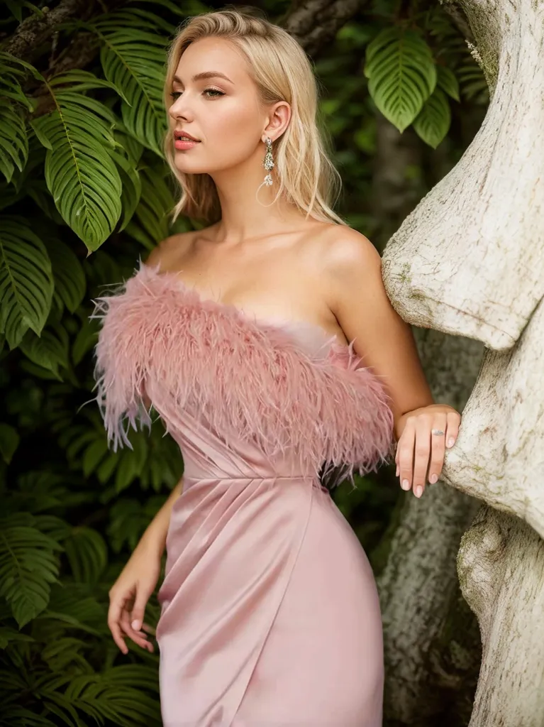 One shoulder Ostrich feather Pencil Skirt satin midi-length prom dress