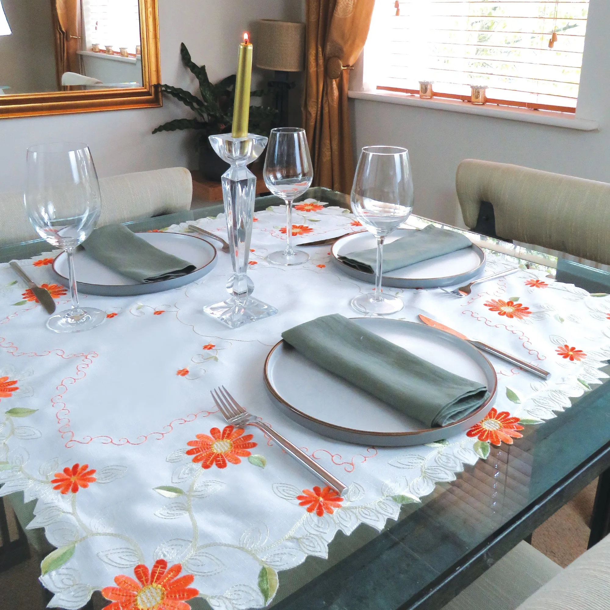 Orange Floral Embroidered Tablecloth Overlay